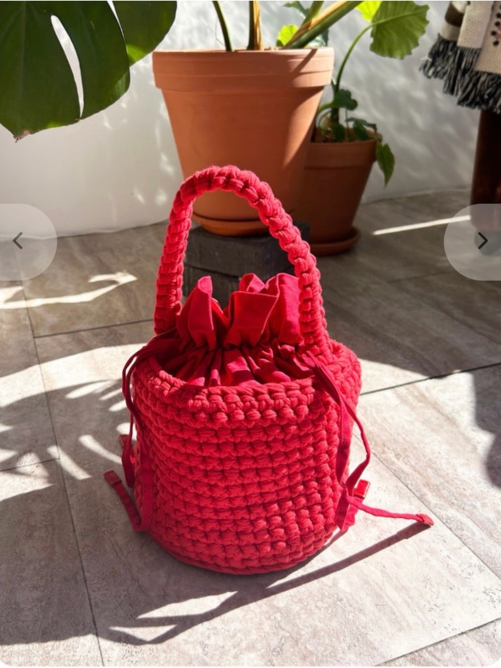 Simon Miller Handcrafted Red Crochet Bucket Bag with Drawstring- brand new
